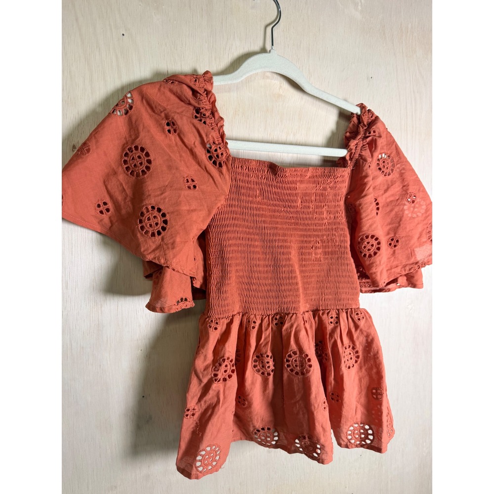 C+A Los Angeles Eyelet Peplum Top Womens Small Terracotta Excellent Smocked Boho - Picture 3 of 6